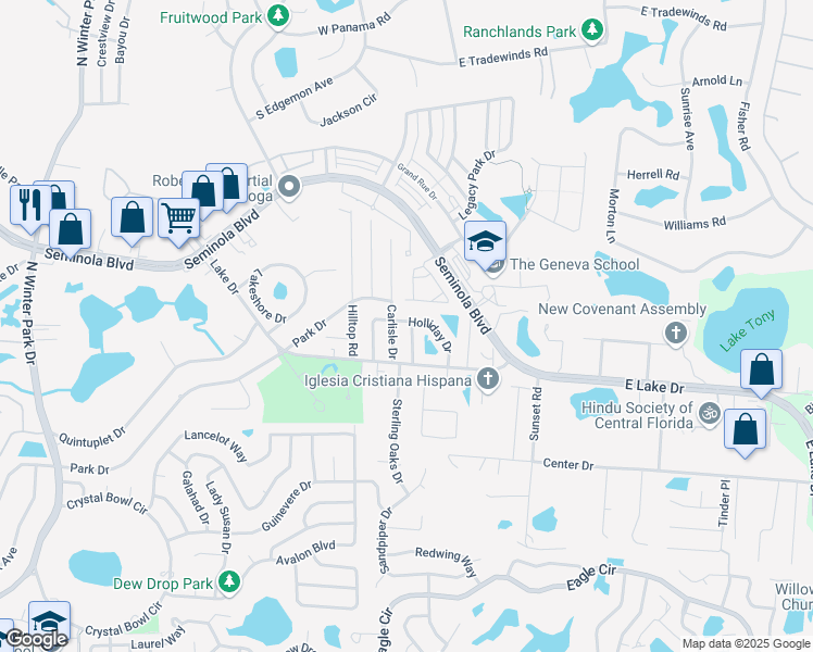map of restaurants, bars, coffee shops, grocery stores, and more near 1425 Huntington Drive in Casselberry