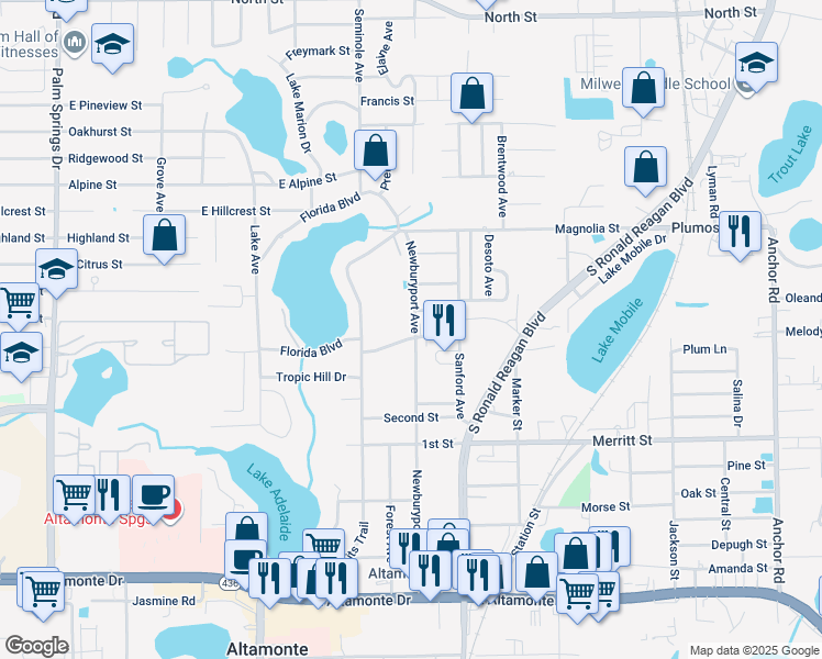 map of restaurants, bars, coffee shops, grocery stores, and more near 821 Baywood Street in Altamonte Springs