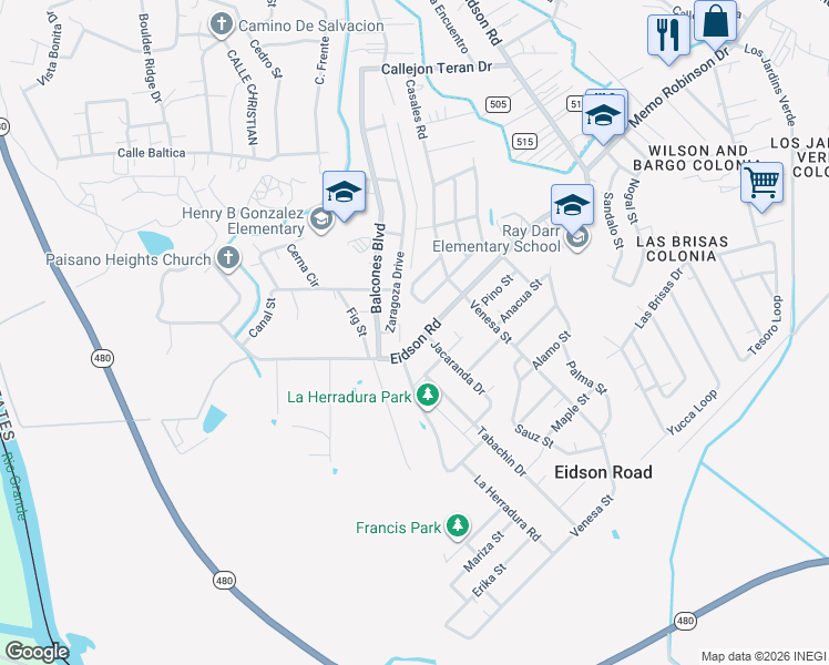map of restaurants, bars, coffee shops, grocery stores, and more near 2421 Eidson Road in Eagle Pass