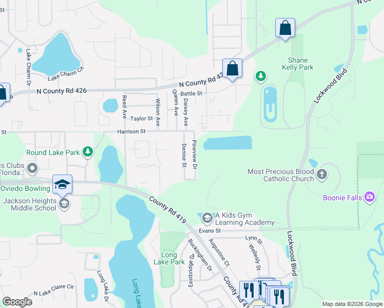 map of restaurants, bars, coffee shops, grocery stores, and more near 200 Pineview Drive in Oviedo