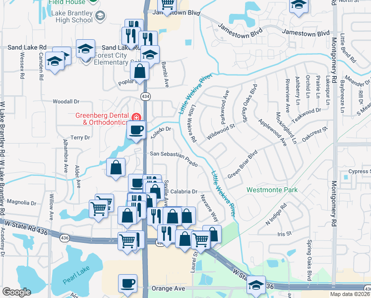 map of restaurants, bars, coffee shops, grocery stores, and more near 603 Majorca Avenue in Altamonte Springs
