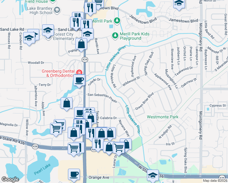 map of restaurants, bars, coffee shops, grocery stores, and more near 603 Majorca Avenue in Altamonte Springs