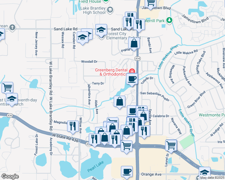 map of restaurants, bars, coffee shops, grocery stores, and more near 621 Dory Lane in Altamonte Springs