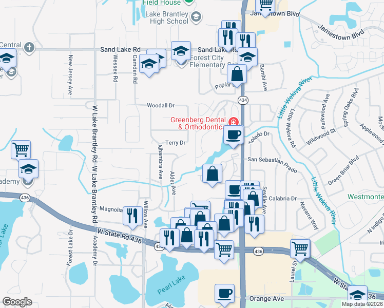 map of restaurants, bars, coffee shops, grocery stores, and more near 621 Dory Lane in Altamonte Springs