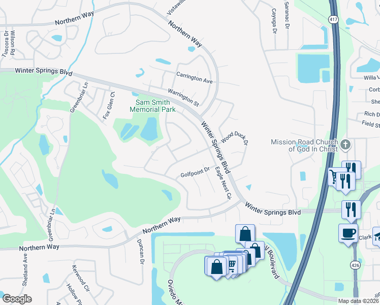map of restaurants, bars, coffee shops, grocery stores, and more near 720 Glen Eagle Drive in Winter Springs