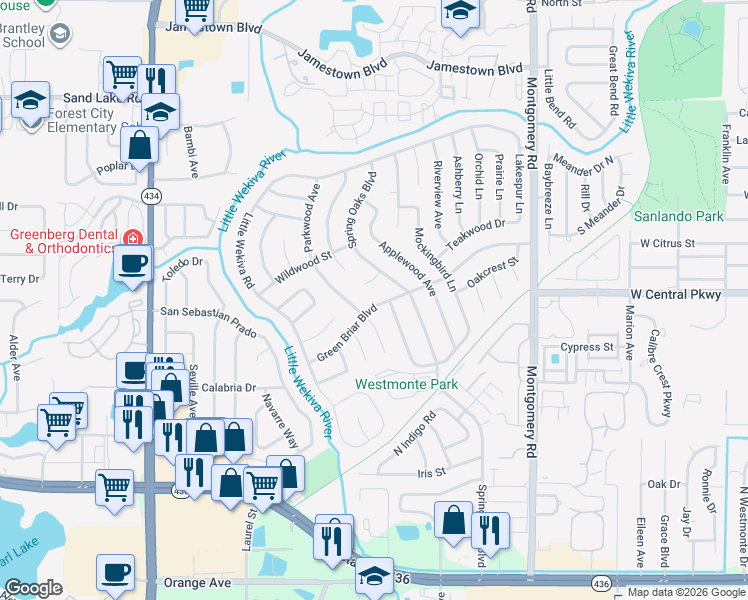 map of restaurants, bars, coffee shops, grocery stores, and more near 609 Greenbriar Boulevard in Altamonte Springs