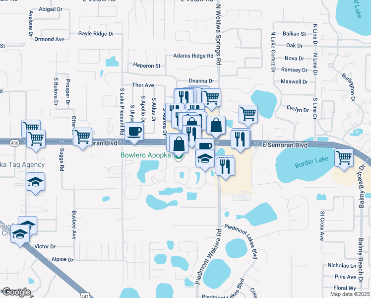 map of restaurants, bars, coffee shops, grocery stores, and more near 2182 East Semoran Boulevard in Apopka