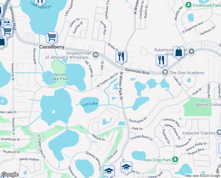 map of restaurants, bars, coffee shops, grocery stores, and more near 113 Norris Place in Casselberry