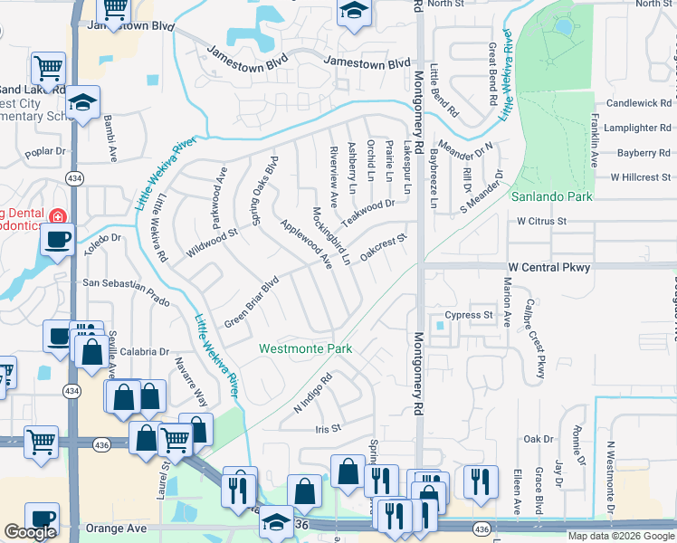 map of restaurants, bars, coffee shops, grocery stores, and more near 521 Applewood Avenue in Altamonte Springs