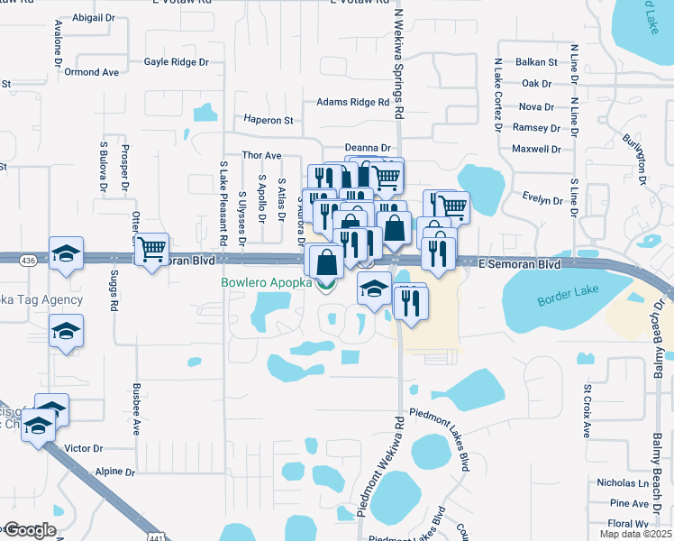 map of restaurants, bars, coffee shops, grocery stores, and more near 2182 East Semoran Boulevard in Apopka