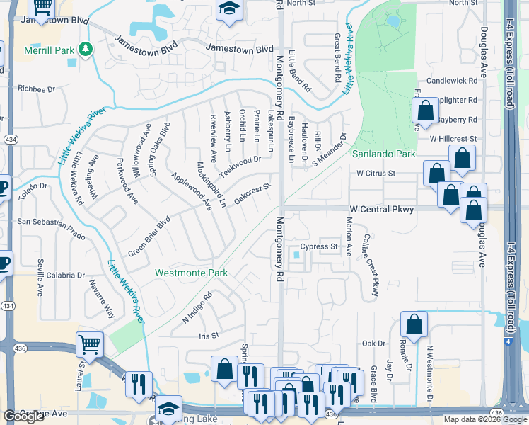 map of restaurants, bars, coffee shops, grocery stores, and more near 511 Briarwood Court in Altamonte Springs