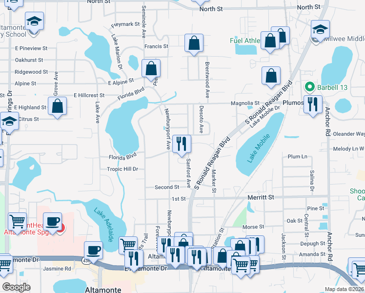 map of restaurants, bars, coffee shops, grocery stores, and more near 915 Baywood Street in Altamonte Springs