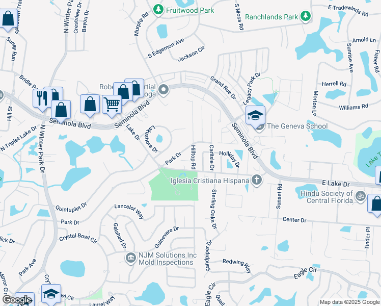 map of restaurants, bars, coffee shops, grocery stores, and more near 1468 Park Drive in Casselberry