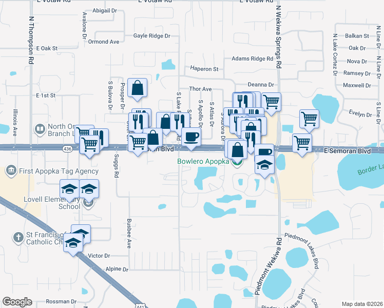 map of restaurants, bars, coffee shops, grocery stores, and more near 1820 East Semoran Boulevard in Apopka