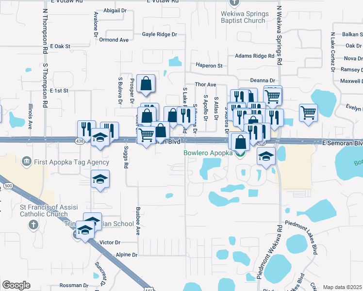map of restaurants, bars, coffee shops, grocery stores, and more near 1706 Florida 436 in Apopka