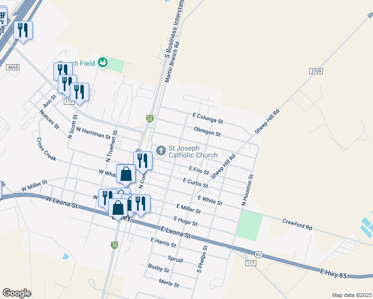 map of restaurants, bars, coffee shops, grocery stores, and more near 228 East Kinsel Street in Dilley