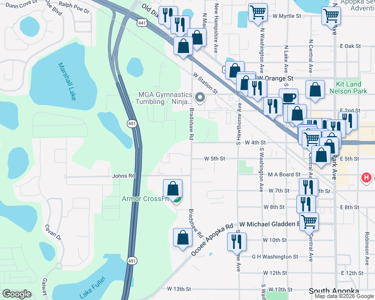 map of restaurants, bars, coffee shops, grocery stores, and more near 517 Cooper Oaks Court in Apopka