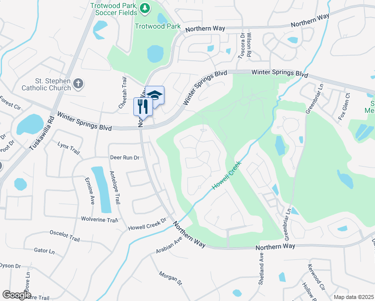 map of restaurants, bars, coffee shops, grocery stores, and more near 1002 West Pebble Beach Circle in Winter Springs