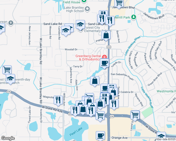 map of restaurants, bars, coffee shops, grocery stores, and more near 621 Dory Lane in Altamonte Springs