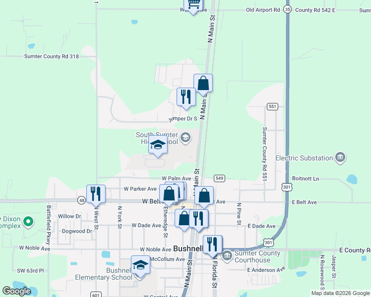 map of restaurants, bars, coffee shops, grocery stores, and more near 706-800 North Main Street in Bushnell