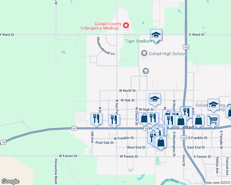 map of restaurants, bars, coffee shops, grocery stores, and more near 448 North San Patricio Street in Goliad