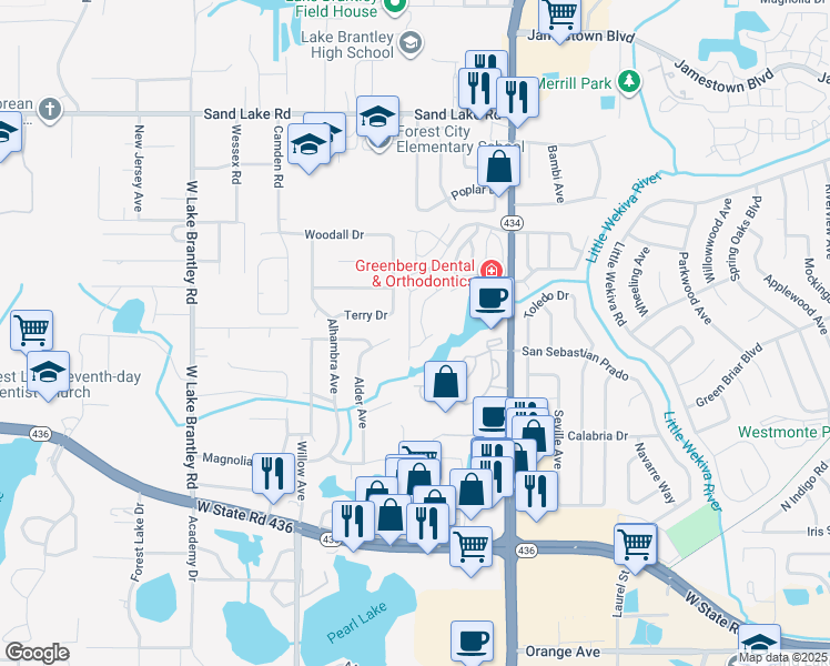 map of restaurants, bars, coffee shops, grocery stores, and more near 621 Dory Lane in Altamonte Springs
