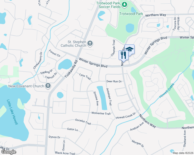 map of restaurants, bars, coffee shops, grocery stores, and more near 910 Gazell Trail in Winter Springs