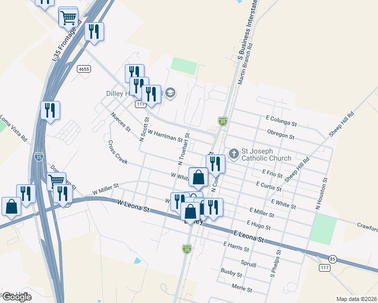 map of restaurants, bars, coffee shops, grocery stores, and more near 121 W Frio St in Dilley