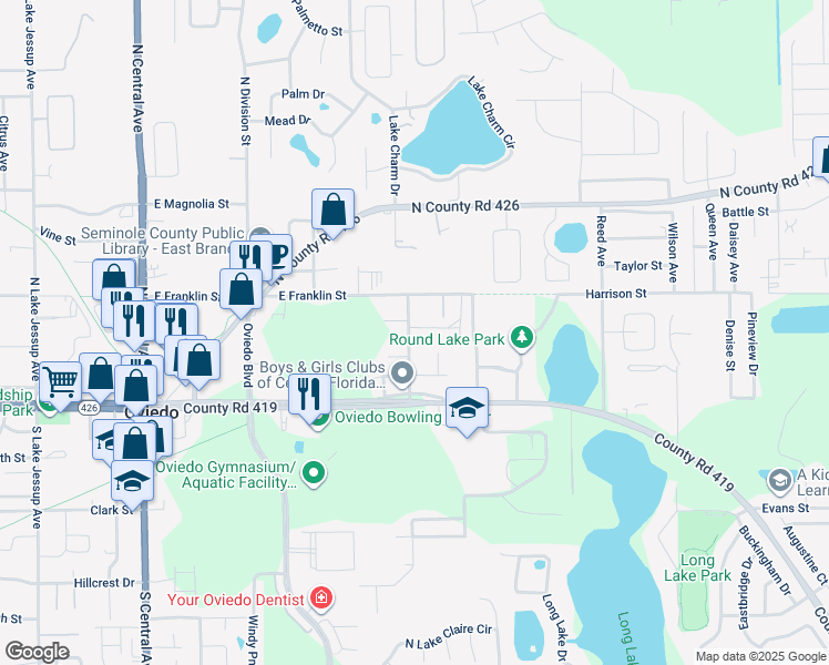 map of restaurants, bars, coffee shops, grocery stores, and more near 148 Adeline B Tinsley Way in Oviedo