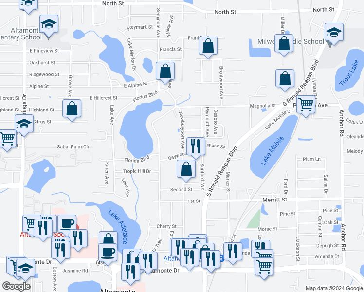 map of restaurants, bars, coffee shops, grocery stores, and more near 624 Newburyport Avenue in Altamonte Springs