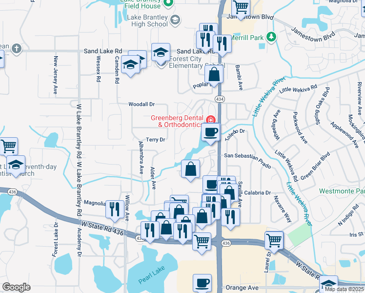 map of restaurants, bars, coffee shops, grocery stores, and more near 621 Dory Lane in Altamonte Springs