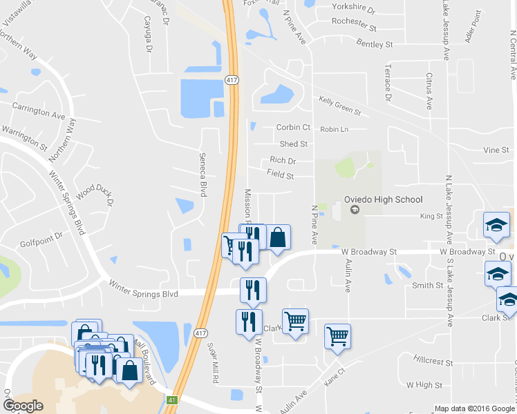 map of restaurants, bars, coffee shops, grocery stores, and more near 151 Shady Oak Lane in Oviedo