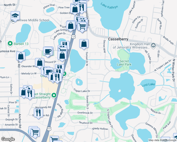 map of restaurants, bars, coffee shops, grocery stores, and more near 100 Valmora Drive in Casselberry