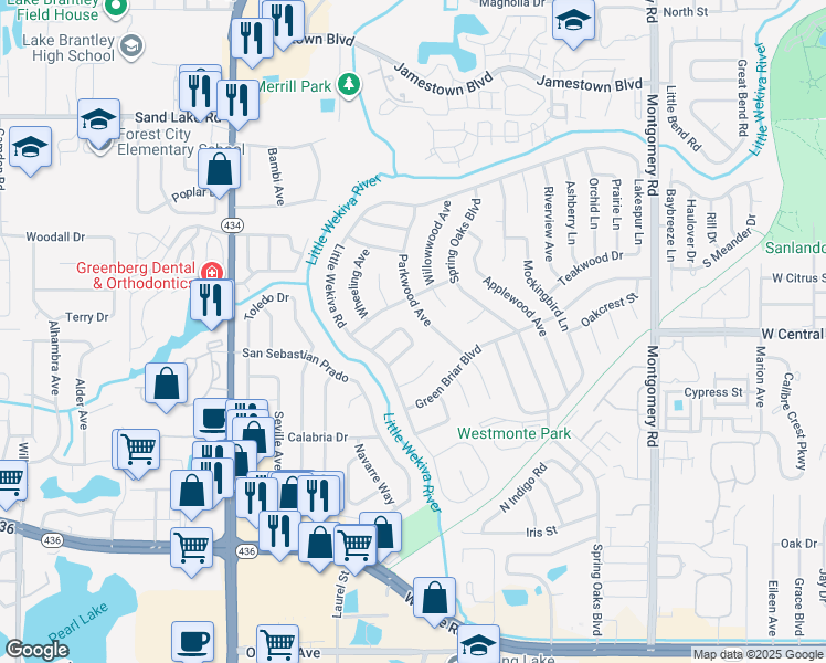 map of restaurants, bars, coffee shops, grocery stores, and more near 622 Sprucewood Circle in Altamonte Springs