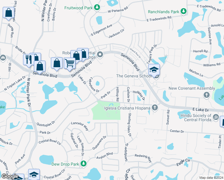 map of restaurants, bars, coffee shops, grocery stores, and more near 1481 Park Drive in Casselberry