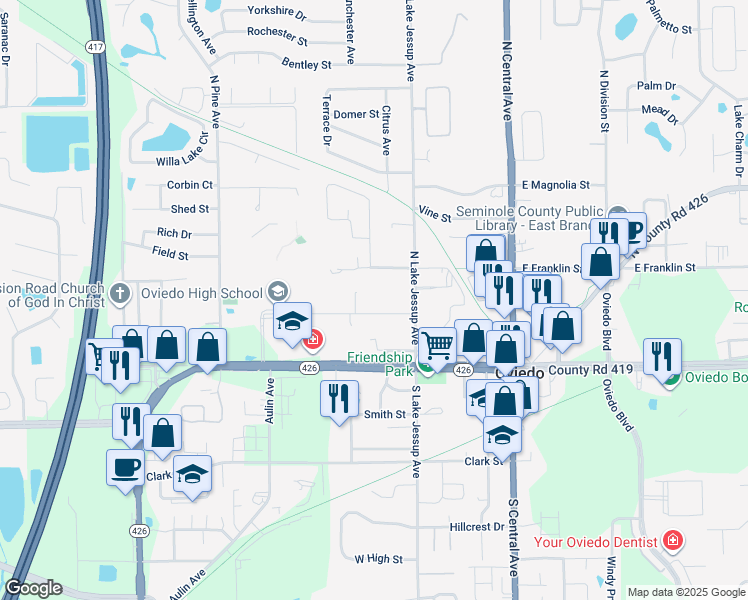 map of restaurants, bars, coffee shops, grocery stores, and more near 263 King Street in Oviedo