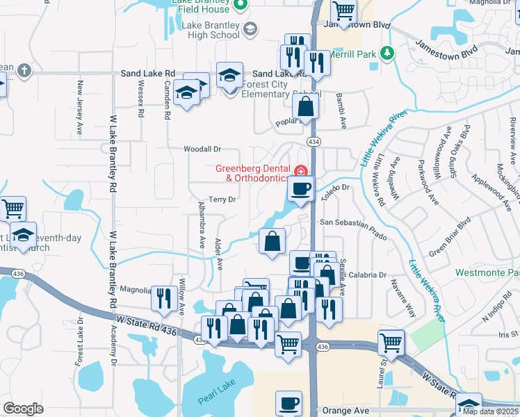 map of restaurants, bars, coffee shops, grocery stores, and more near 621 Dory Lane in Altamonte Springs