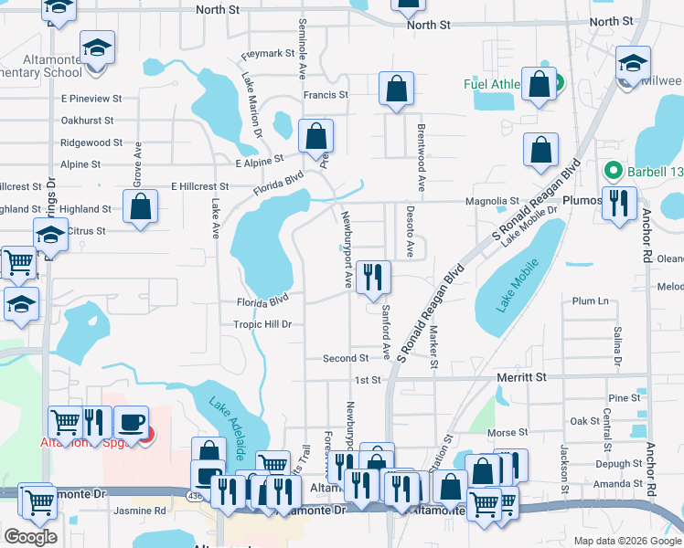 map of restaurants, bars, coffee shops, grocery stores, and more near 821 Baywood Street in Altamonte Springs