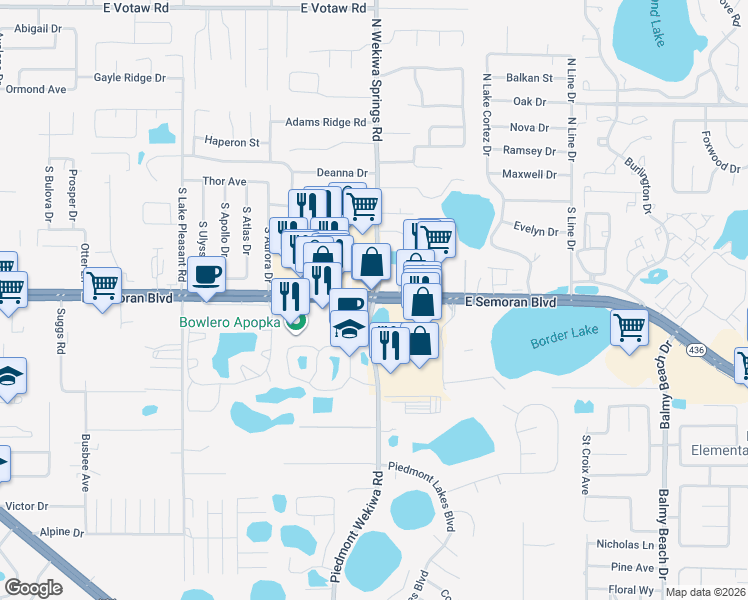 map of restaurants, bars, coffee shops, grocery stores, and more near Hwy 436 & Piedmont Wekiwa Rd in Apopka