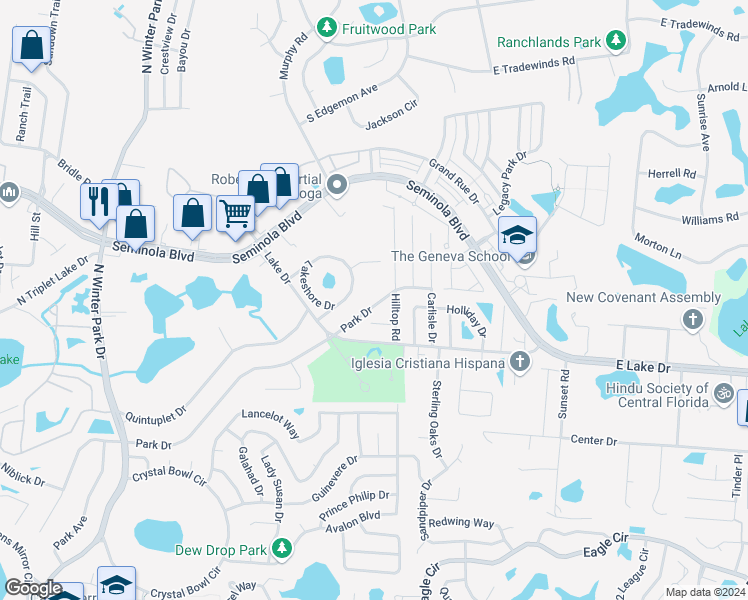 map of restaurants, bars, coffee shops, grocery stores, and more near 1481 Park Drive in Casselberry