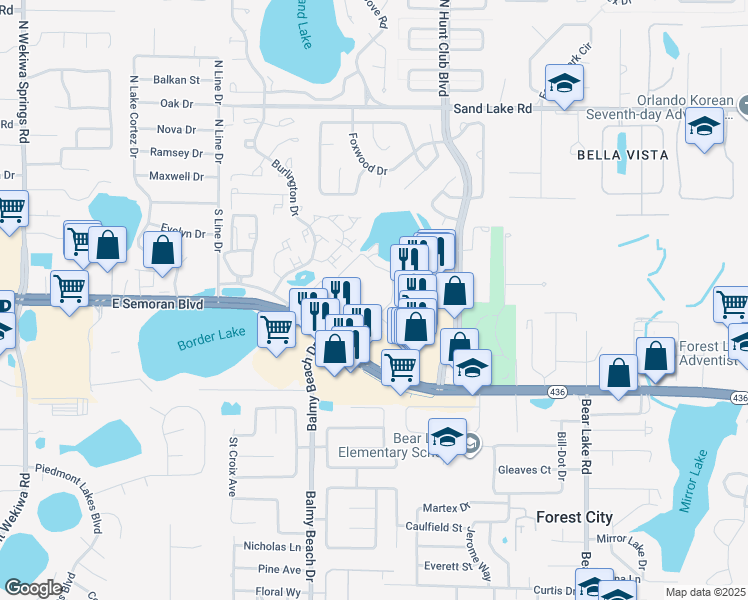 map of restaurants, bars, coffee shops, grocery stores, and more near 3024 Foxhill Circle in Apopka