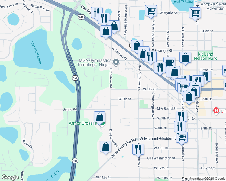 map of restaurants, bars, coffee shops, grocery stores, and more near 517 Cooper Oaks Court in Apopka