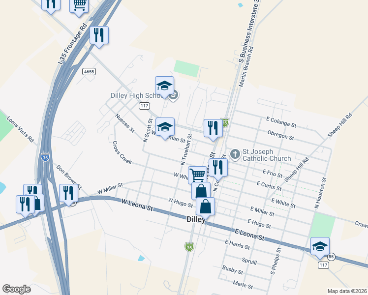map of restaurants, bars, coffee shops, grocery stores, and more near 121 West Frio Street in Dilley