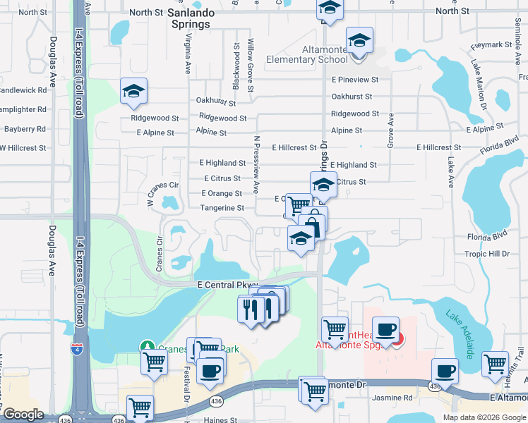 map of restaurants, bars, coffee shops, grocery stores, and more near 400 Center Street in Altamonte Springs