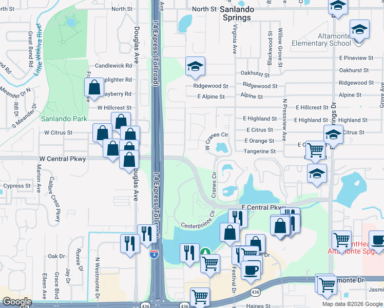 map of restaurants, bars, coffee shops, grocery stores, and more near 220 East Central Parkway in Altamonte Springs