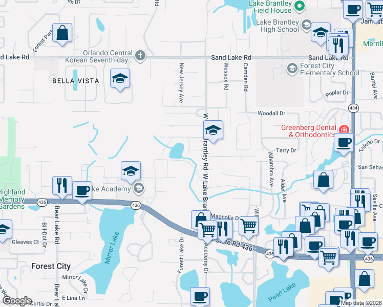 map of restaurants, bars, coffee shops, grocery stores, and more near 700 West Lake Brantley Road in Altamonte Springs