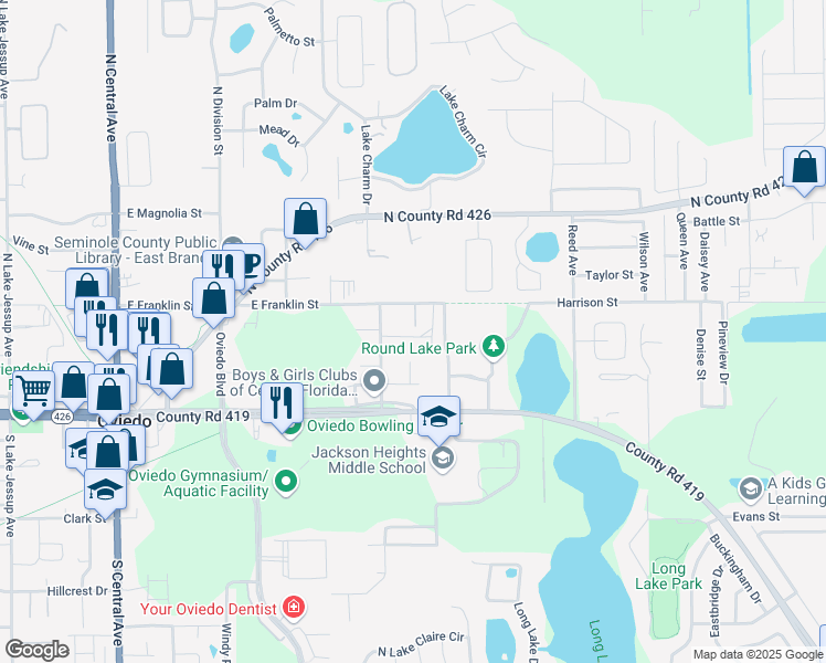 map of restaurants, bars, coffee shops, grocery stores, and more near 630 Newton Street in Oviedo