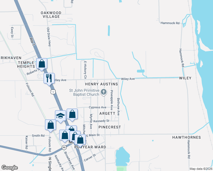 map of restaurants, bars, coffee shops, grocery stores, and more near 2712 Pineapple Avenue in Mims
