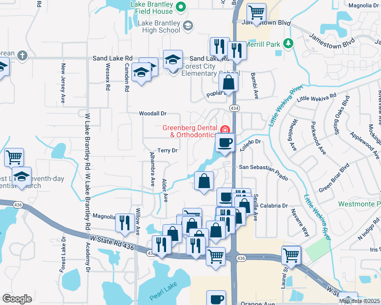 map of restaurants, bars, coffee shops, grocery stores, and more near 621 Dory Lane in Altamonte Springs