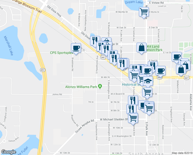 map of restaurants, bars, coffee shops, grocery stores, and more near 410 South Hawthorne Avenue in Apopka